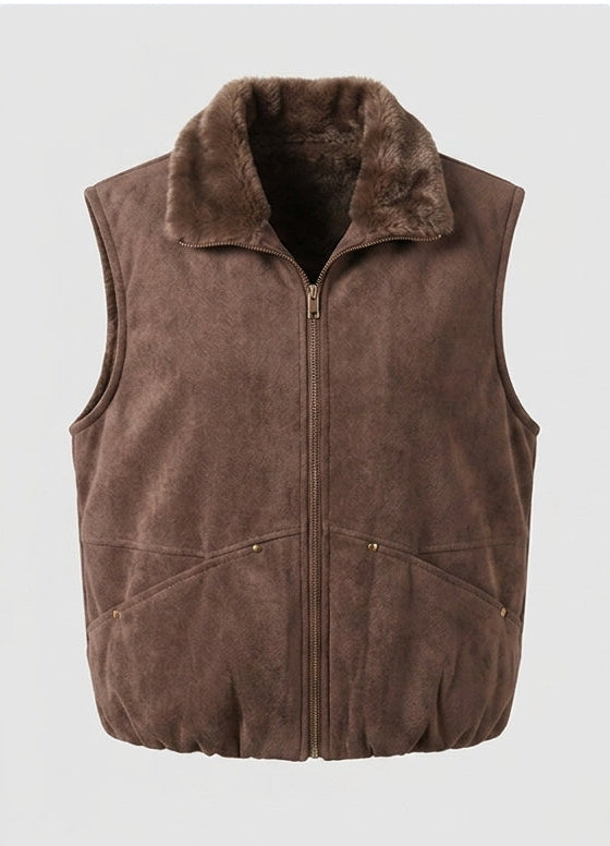 Ladies nano quilted suede-look vest with warming teddy collar trim and concealed zipper