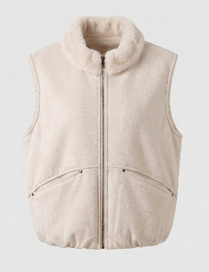 Ladies nano quilted suede-look vest with warming teddy collar trim and concealed zipper