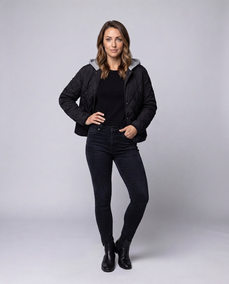 Women's short quilted blouson with fine diamond quilting, hood lining, and warming thermal padding.