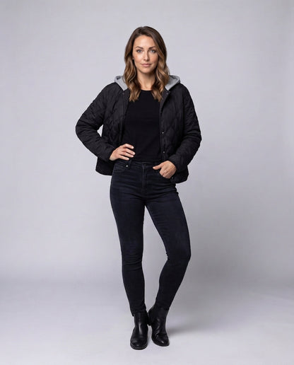 Women's short quilted blouson with fine diamond quilting, hood lining, and warming thermal padding.
