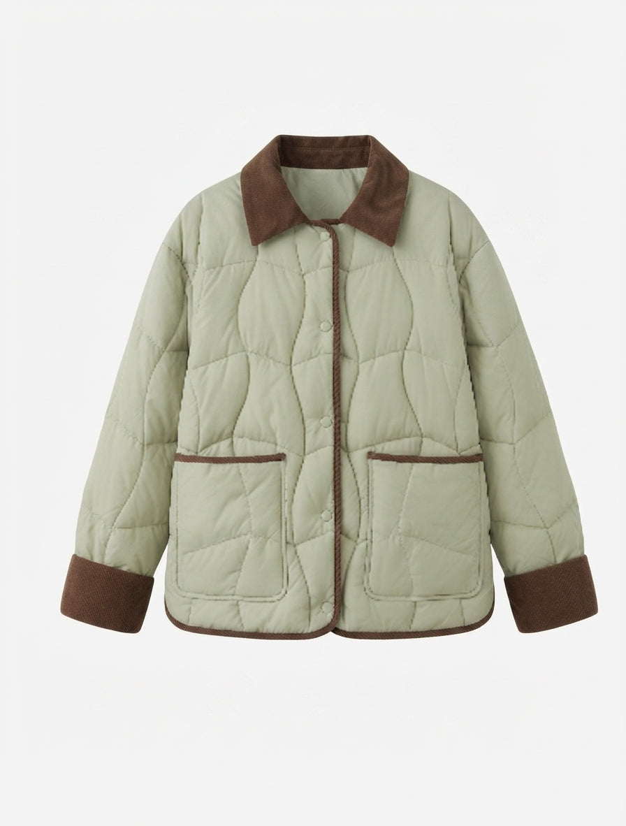 Women's short quilted cord collar jacket with snap button placket and contrast piping