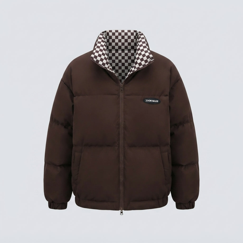 Women's short thermal puffer jacket with checked reversible lining and high stand-up collar