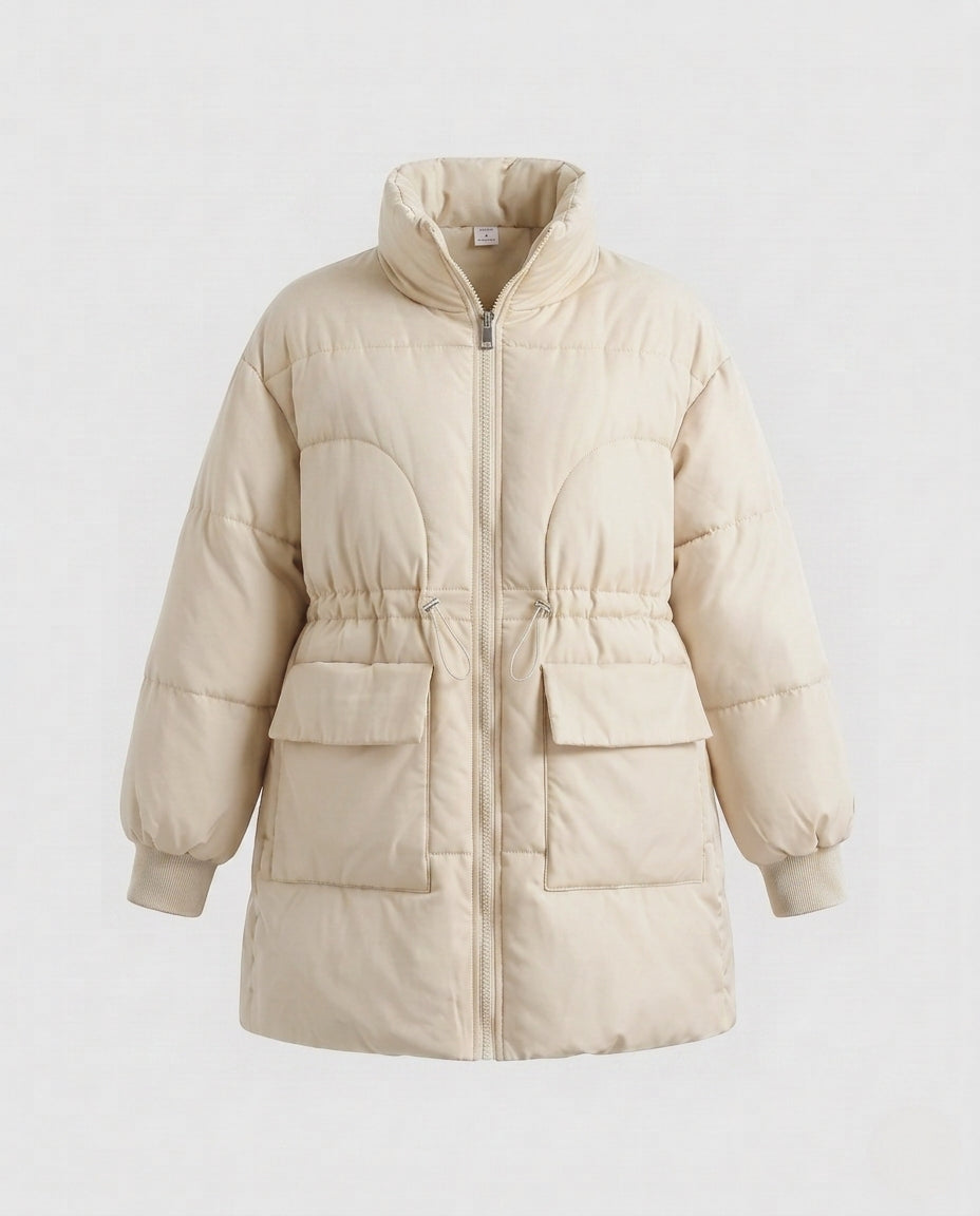 Women's feminine A-line quilted parka with adjustable drawstring, high stand-up collar, and large flap pockets