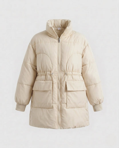 Women's feminine A-line quilted parka with adjustable drawstring, high stand-up collar, and large flap pockets