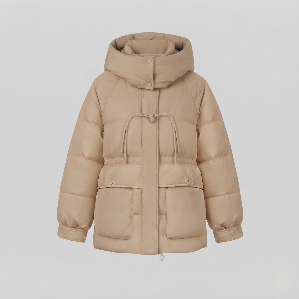Women's short oversized winter parka with voluminous thermal padding, high stand-up collar, and extra large flap pockets