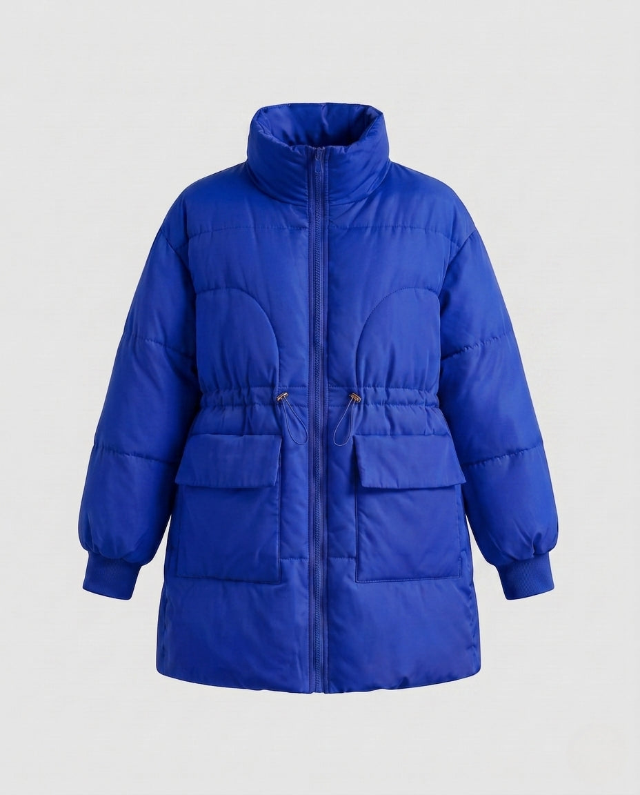 Women's feminine A-line quilted parka with adjustable drawstring, high stand-up collar, and large flap pockets