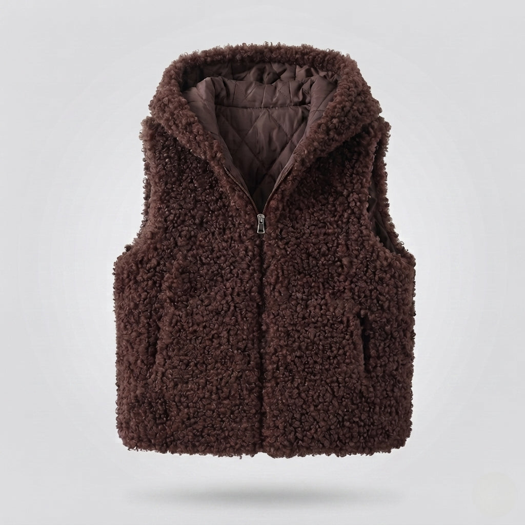 Women's sleeveless teddy vest with hood, padded lining and practical side pockets