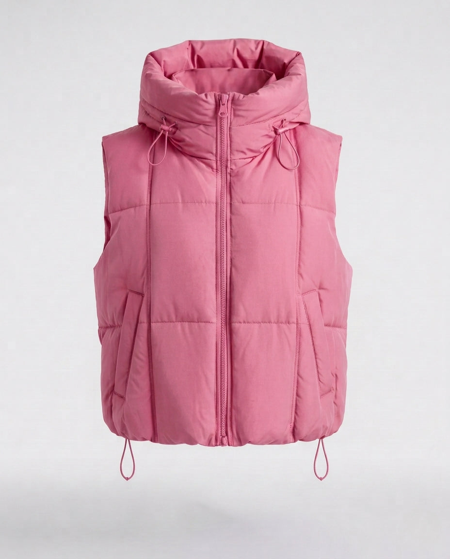 Women's quilted hooded vest with adjustable drawstring and two-way zipper