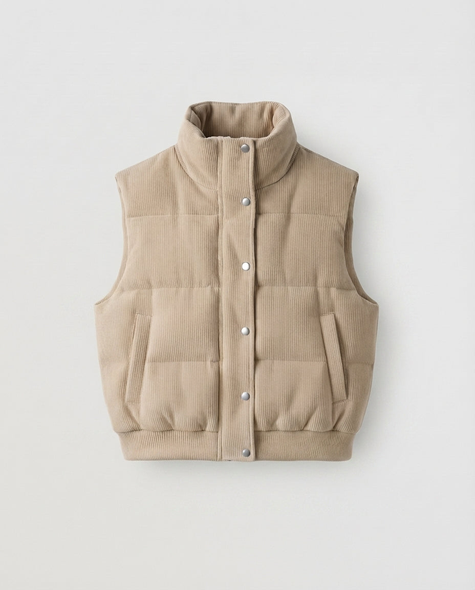Women's short corduroy quilted vest with high shawl collar and press stud placket