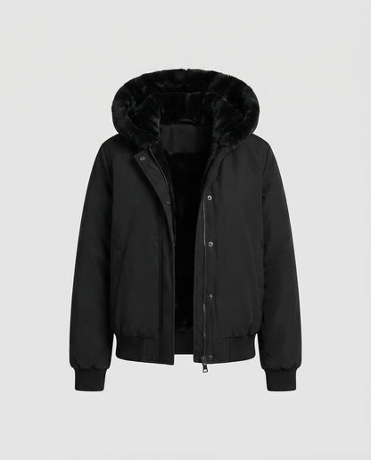 Women’s padded hooded bomber jacket with warm teddy lining and elastic ribbed cuffs