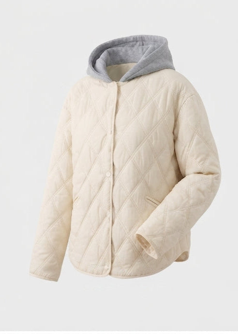 Women's short quilted blouson with fine diamond quilting, hood lining, and warming thermal padding.