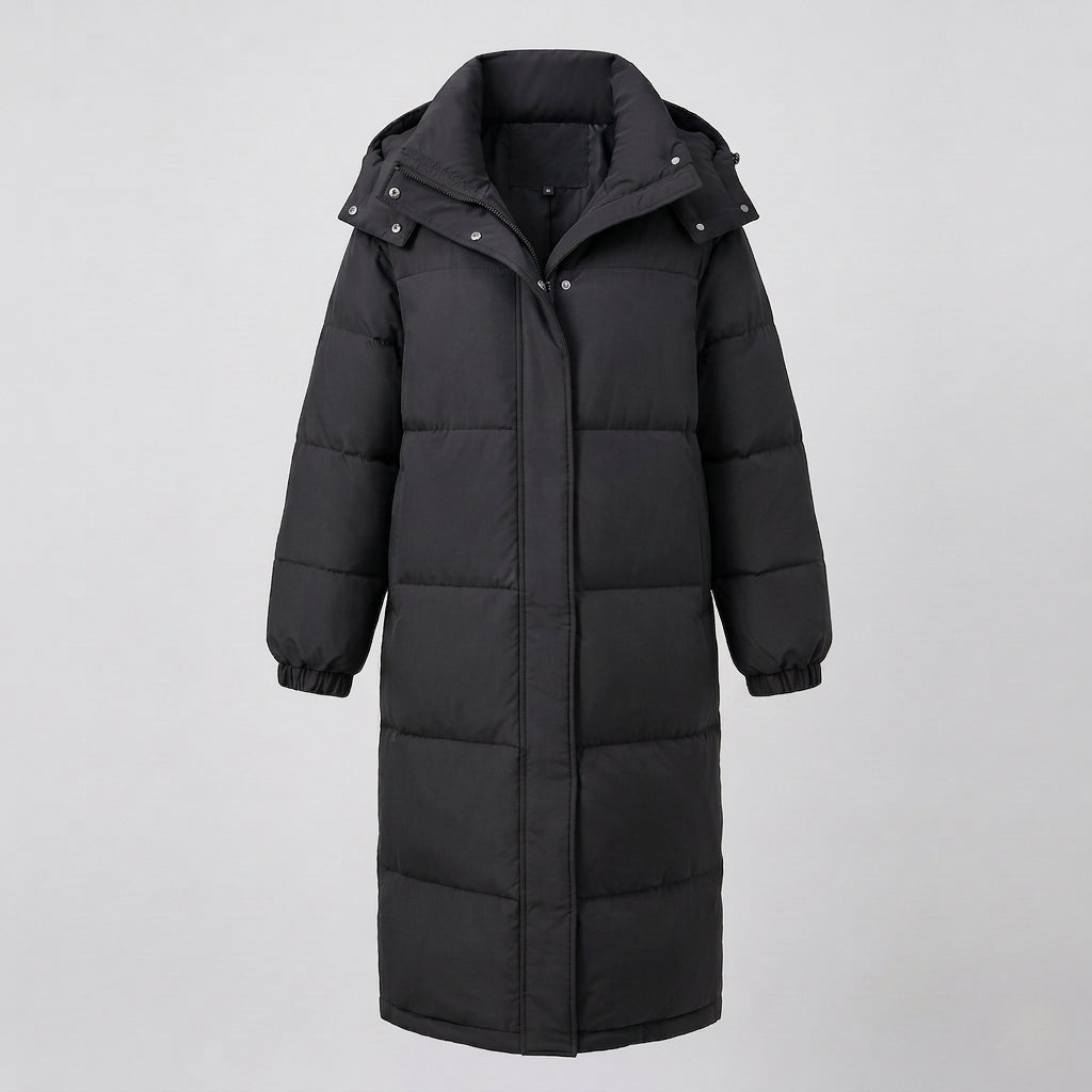 Women's extra long quilted thermal coat with hood, two-way zipper and noise-reducing outer material