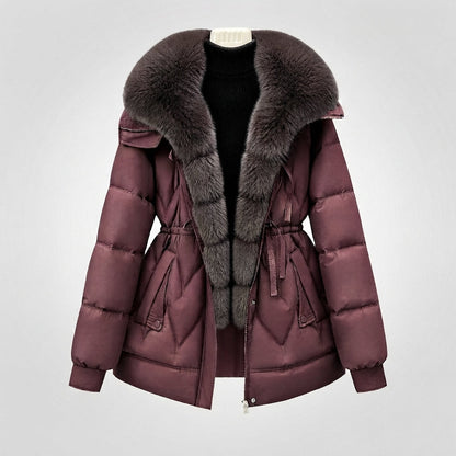 Women's padded parka with voluminous, removable collar and waist drawstring