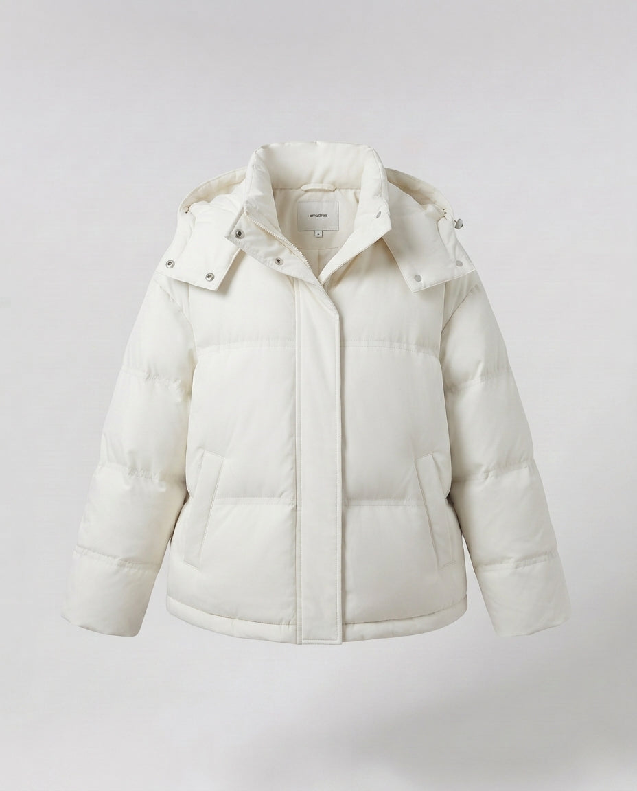 Women's nan boxy padded short quilted anorak with ergonomic hood trim and extra large flap pockets