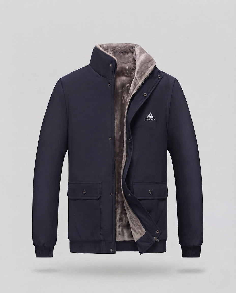 Men's Insulated Winter Jacket with Teddy Lining, Stand Collar and Flap Pockets