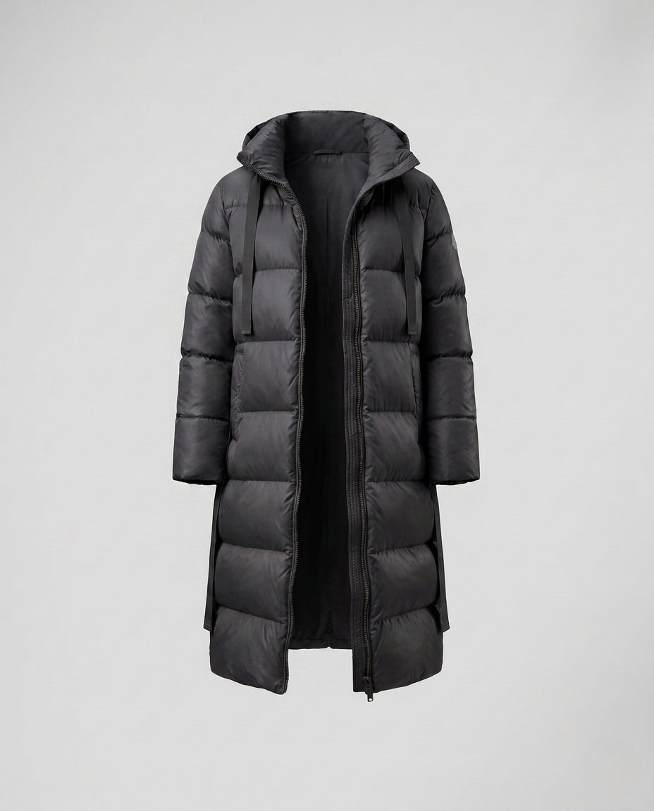 Women’s extra long quilted thermal coat with concealed two-way zipper, ergonomic hood, and side movement zippers