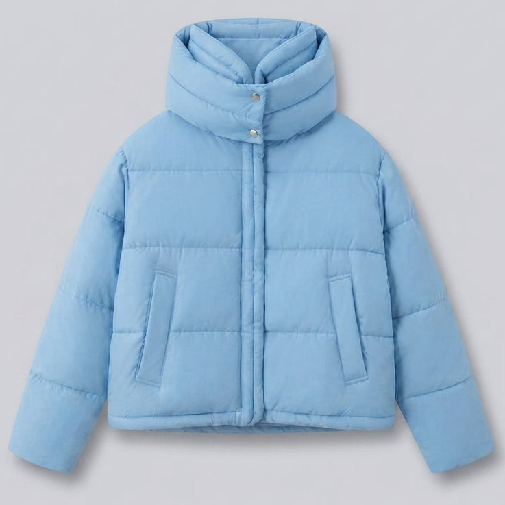 Women's nan boxy short quilted jacket with extra high hood trim and soft cuffs