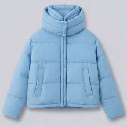 Women's nan boxy short quilted jacket with extra high hood trim and soft cuffs