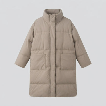 Women's nano extralong padded comfort puffer with noise-reducing surface, high stand collar, and generous oversized silhouette