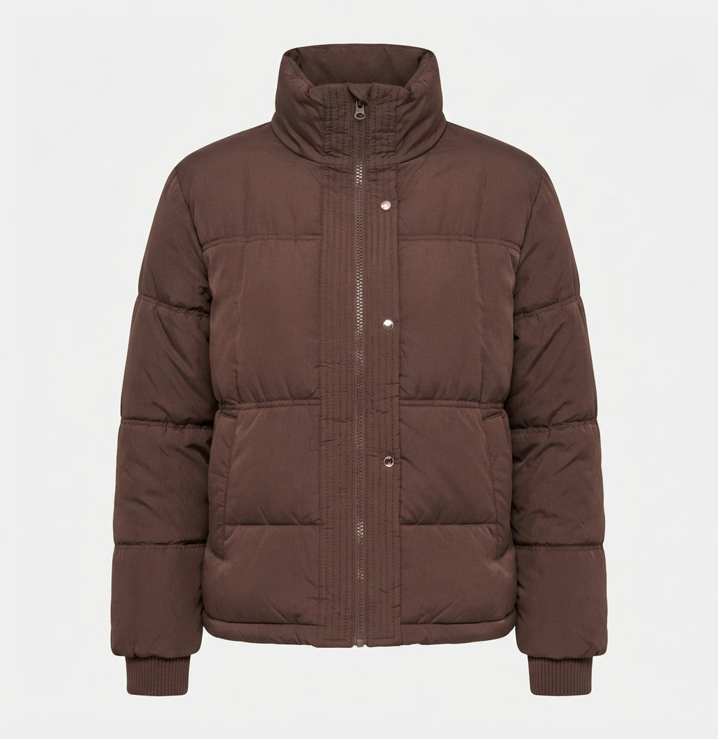 Women's cropped boxy puffer with ergonomic stand-up collar and concealed snap button placket