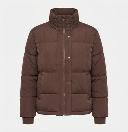 Women's cropped boxy puffer with ergonomic stand-up collar and concealed snap button placket
