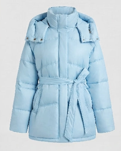 Women's padded oversized parka with tie belt and high collar