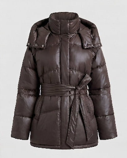 Women's padded oversized parka with tie belt and high collar