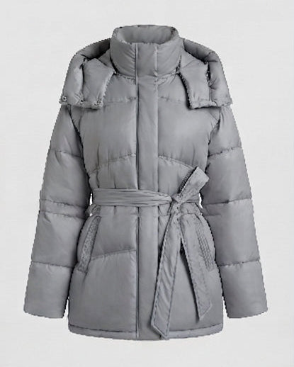 Women's padded oversized parka with tie belt and high collar