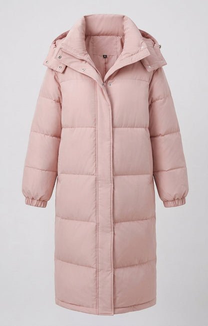 Women's extra long quilted thermal coat with hood, two-way zipper and noise-reducing outer material