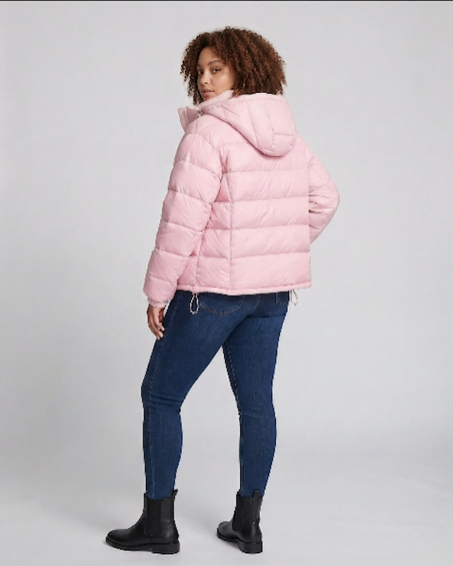 Women's quilted hooded puffer jacket with adjustable drawstring and zipper pockets