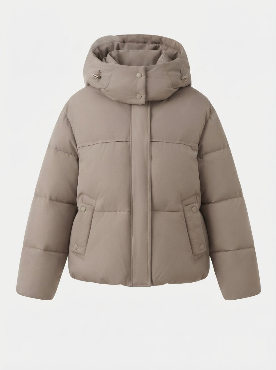 Women's short padded hooded jacket with removable hood trim, high stand-up collar and fitted cut
