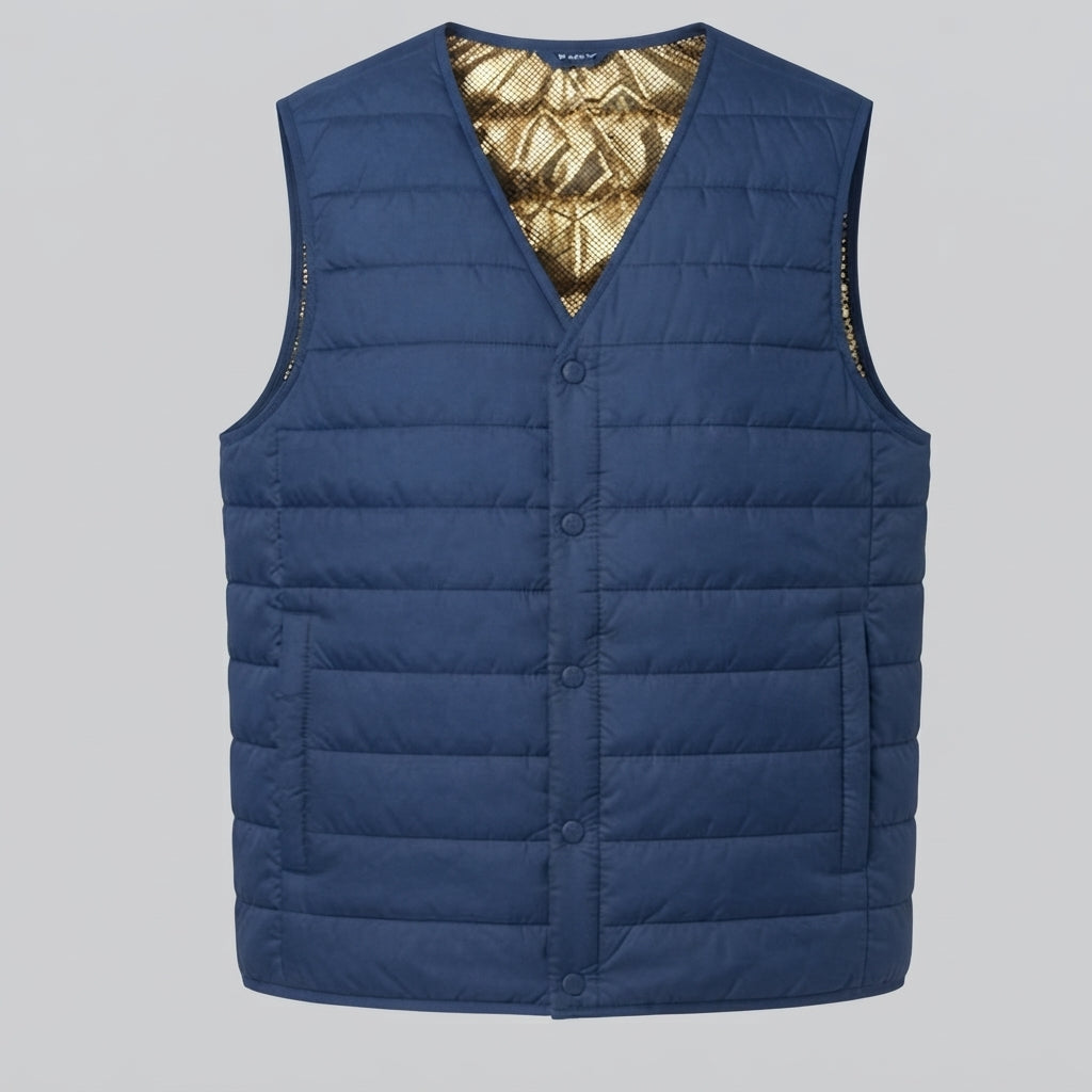 Men's lightweight padded vest with thermal lining, V-neck and snap button closure