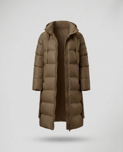 Women’s extra long quilted thermal coat with concealed two-way zipper, ergonomic hood, and side movement zippers