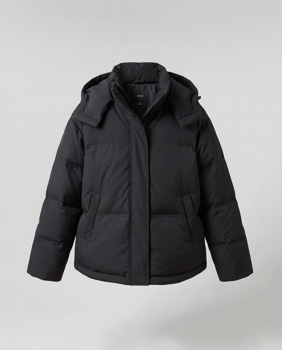 Women's nan boxy padded short quilted anorak with ergonomic hood trim and extra large flap pockets