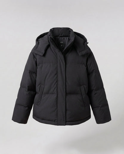 Women's nan boxy padded short quilted anorak with ergonomic hood trim and extra large flap pockets