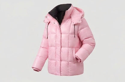 Women's shiny quilted jacket with integrated hood, two-way zipper, and thermal padding