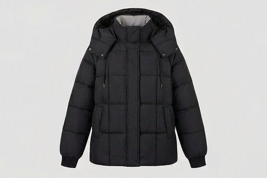 Women's shiny quilted jacket with integrated hood, two-way zipper, and thermal padding