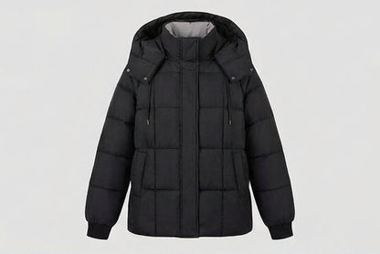 Women's shiny quilted jacket with integrated hood, two-way zipper, and thermal padding