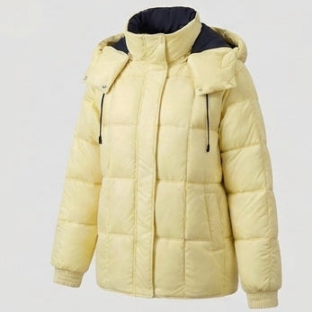 Women's shiny quilted jacket with integrated hood, two-way zipper, and thermal padding