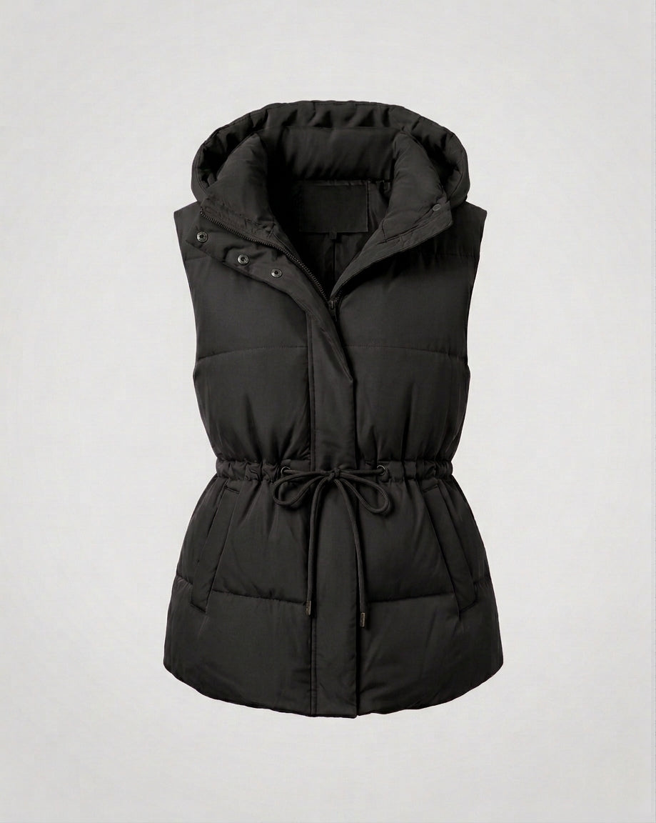 Women's quilted hooded vest with waist drawstring, padded thermal filling, and generous side pockets