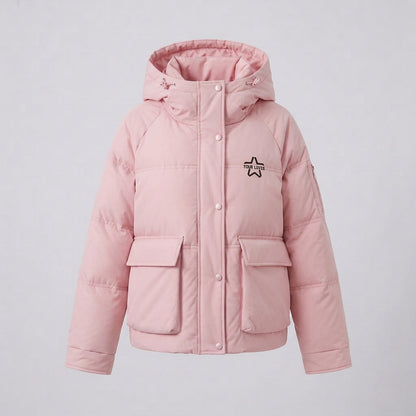 Women's nan boxy puffer jacket with concealed two-way front, contrasting inner panel and functional flap pockets