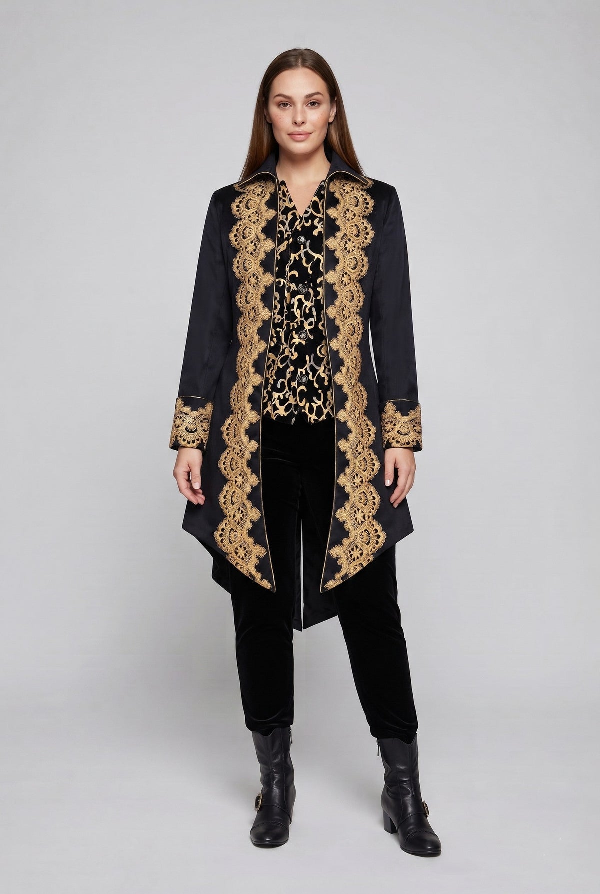 Women's elegant tailcoat with fine gold embroidery and asymmetrical hem EVA-US