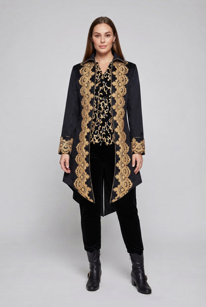 Women's elegant tailcoat with fine gold embroidery and asymmetrical hem EVA-US