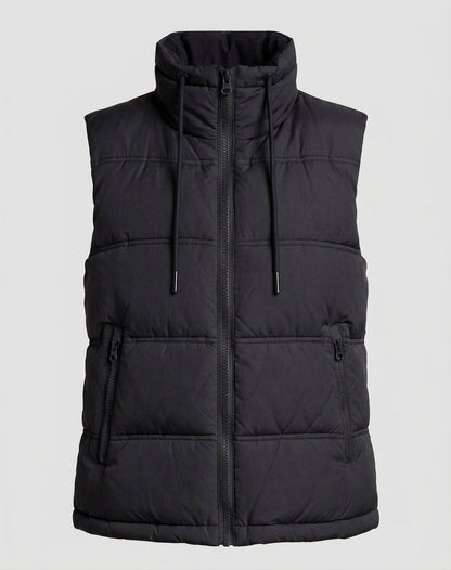 Women's quilted sleeveless thermal vest with high stand-up collar and adjustable hem