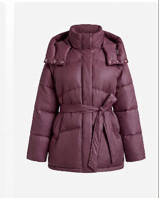 Women's padded oversized parka with tie belt and high collar