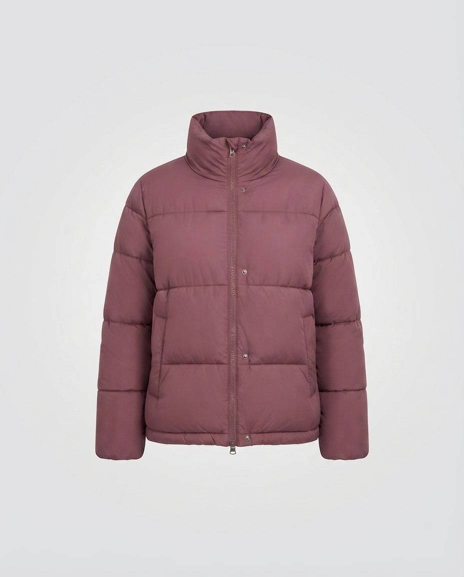 Women's Short Boxy Puffer with Voluminous Shawl Collar, Insulating Padding and Concealed Zipper