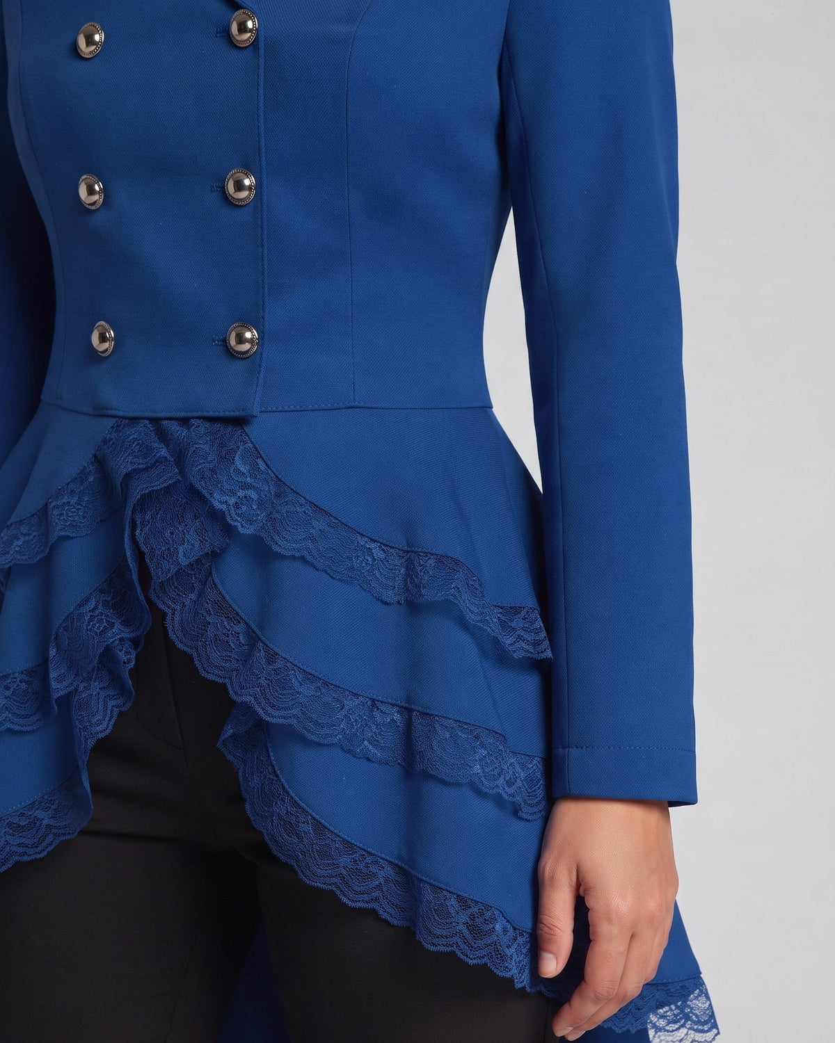 Women Elegant Ruffle Jacket with Deep V-Neck and Double Buttoned Front EVA-US