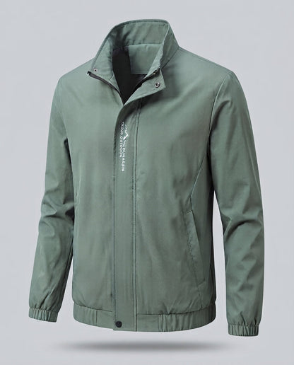 Men's lightweight microfiber windbreaker with stand-up collar, water-repellent surface, and concealed pockets