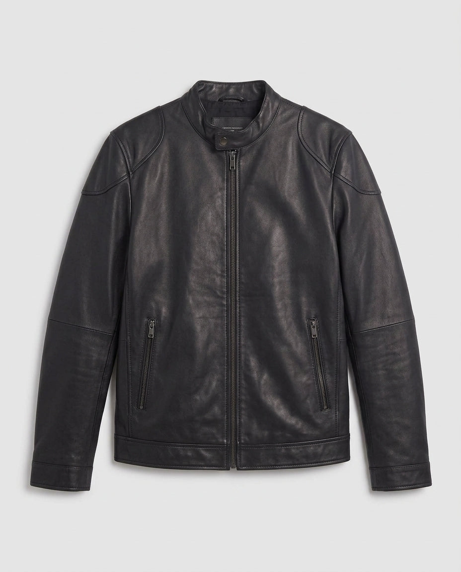 Men's Tailored Faux Leather Jacket in Biker Blouson Style with Stand Collar and Zipper EVA-US