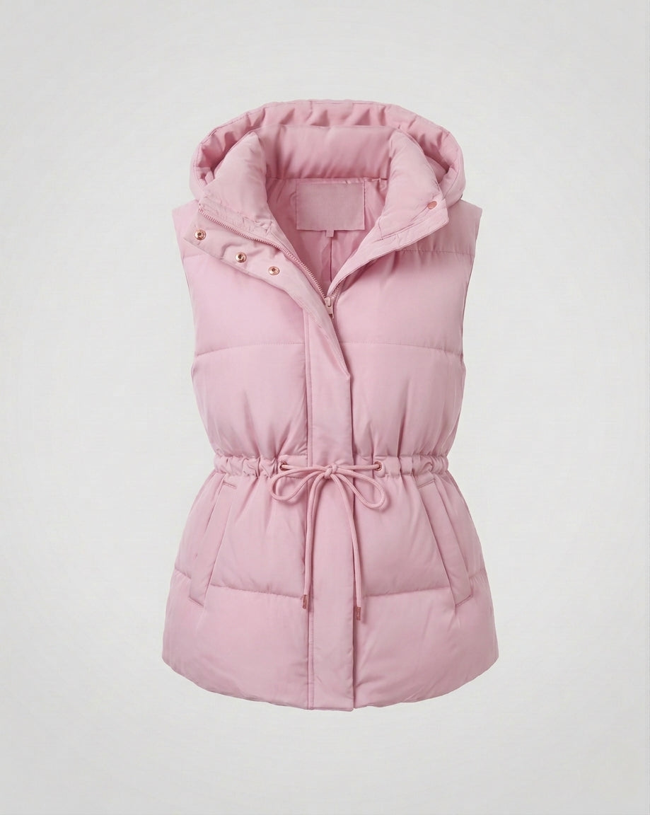 Women's quilted hooded vest with waist drawstring, padded thermal filling, and generous side pockets